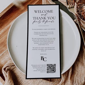 Karta z podziękowaniami ślubnymi z kodem QR, powitanie i nakrycie stołu z podziękowaniami, karty menu z podziękowaniami, wydrukowana notatka powitalna z menu, BELLA