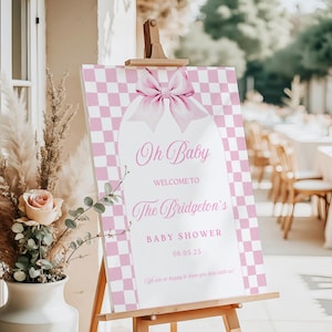 Editable Pink Welcome Sign, Pink Bow Gingham Baby Shower Poster Template, Pink Baby Shower Yard Sign, Canva Template