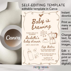 Puede incluir: Una plantilla de invitaci&oacute;n para baby shower imprimible con una ilustraci&oacute;n marr&oacute;n de una taza de caf&eacute; y una cafetera. El texto dice "Baby is brewing" y "Isabella's baby shower".