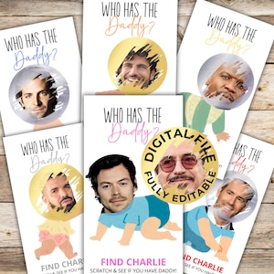 Modello di gioco fai da te "Chi ha il papà da grattare", modello di biglietto da grattare modificabile per baby shower, volti di celebrità personalizzati "Chi ha il papà"