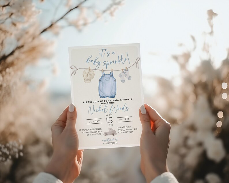Blue Baby Sprinkle Invitation Template, Editable Baby Sprinkle Invite, Blue Baby Shower, Boho Baby Shower Invitation, BLU1 image 8