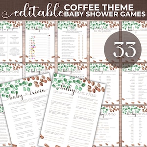 Lot modifiable de jeux de baby shower sur le thème du café, ensemble de jeux de fête d&#39;infusion d&#39;eucalytus pour bébé, activités de baby shower personnalisables