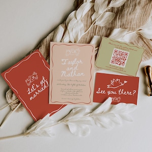 Vintage Italienische Hochzeitseinladungs-Set-Vorlagen, Bunt, handgeschrieben, wunderlich, schrullig, handgezeichnet, terrakottagrün, digital