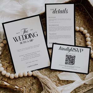 May include: Elegant wedding invitation suite with black text on white cards. The main invitation reads "The Wedding" with the date and names. Includes details and RSVP cards, all with a minimalist design.