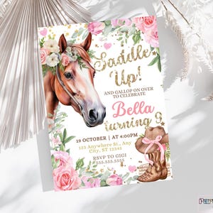 Modèle d'Invitation d'anniversaire cow-girl 9e, faire-part d'anniversaire équestre modifiable 9e, carte d'anniversaire floral cheval 9e, fille ferme inviter