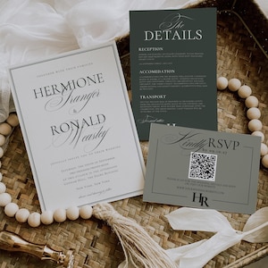 Editable Olive Green Invite Set with QR, Green Wedding Invitation Template Bundle, Canva