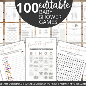 Plantilla de paquete de juegos para baby shower, juegos minimalistas para baby shower, juegos editables para baby shower, plantillas de juegos divertidos, juegos modernos para baby shower