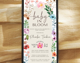 Electronic Baby in Bloom Evite Template, Editable Wildflower E-Invitation Template, Text Message Wildflower Baby Shower Invite, Floral Games