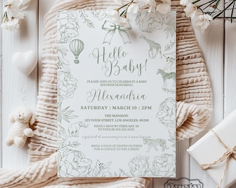 Botanical Baby Shower Invitation, Greenery Animals, Custom Printable Invite (Digital Download)
