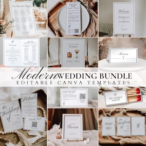 May include: A collection of modern wedding templates, including seating charts, menus, welcome signs, and table cards. The designs feature elegant typography and minimalist layouts, with the text "Modern Wedding Bundle" prominently displayed.