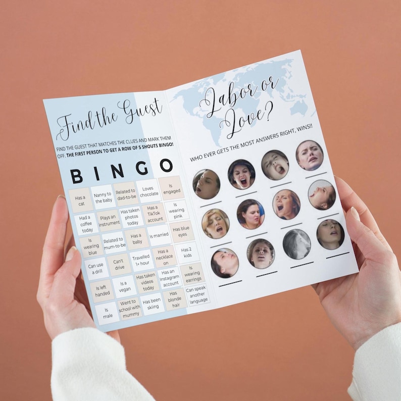 May include: A blue and white printable bingo card game with the title "Find the Guest" and "Labor or Love?"  The game is designed for a baby shower or bridal shower.  The bingo card has a list of clues to find the guest who matches the clue.  The game also includes a list of photos of people making funny faces.