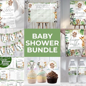 Bearbeitbares Safari-Babyparty-Set, Dschungel-Babyparty-Set, Wild One Is On the Way Bundle, druckbares Safari-Babyparty-Dekor, SFR2