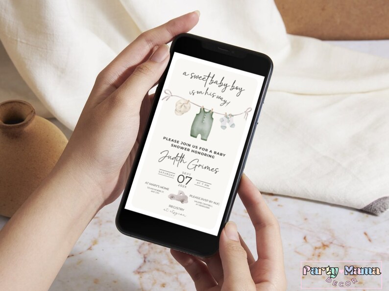 May include: A digital baby shower invitation with a green and white watercolor illustration of baby clothes hanging on a clothesline. The text reads "a sweet baby boy is on his way!" and "Please join us for a baby shower honoring Judith Grimes".