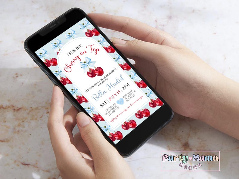 May include: A digital invitation for a baby shower with a cherry and blue ribbon design. The text reads "He is the Cherry on Top" and "Please join us for a baby shower honoring Bella Hadid, Sat July 15, 2PM".