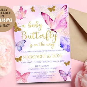May include: A baby shower invitation with a pink and purple watercolor butterfly design. The text reads "a baby Butterfly is on the way" and includes the names "Margaret & Tom".