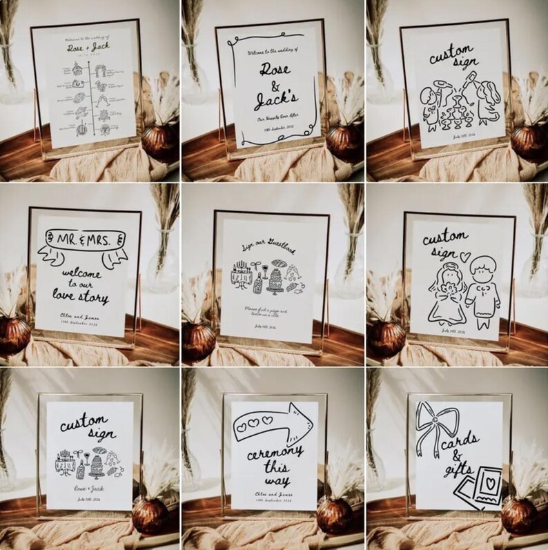 May include: Nine wedding signs with black and white illustrations and text. The signs are in clear frames and are sitting on a wooden surface. The signs include the text "Rose & Jack's", "Mr & Mrs", "Welcome to our love story", "Sign our guest book", "Custom sign", "Ceremony this way", "Cards & Gifts", and "Custom sign".