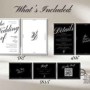 May include: A collection of wedding stationery, including invitation cards, details cards, and RSVP cards. The cards feature a black and white color scheme with elegant typography. The invitation cards are 5x7 inches, and the details cards are 4x6 inches.