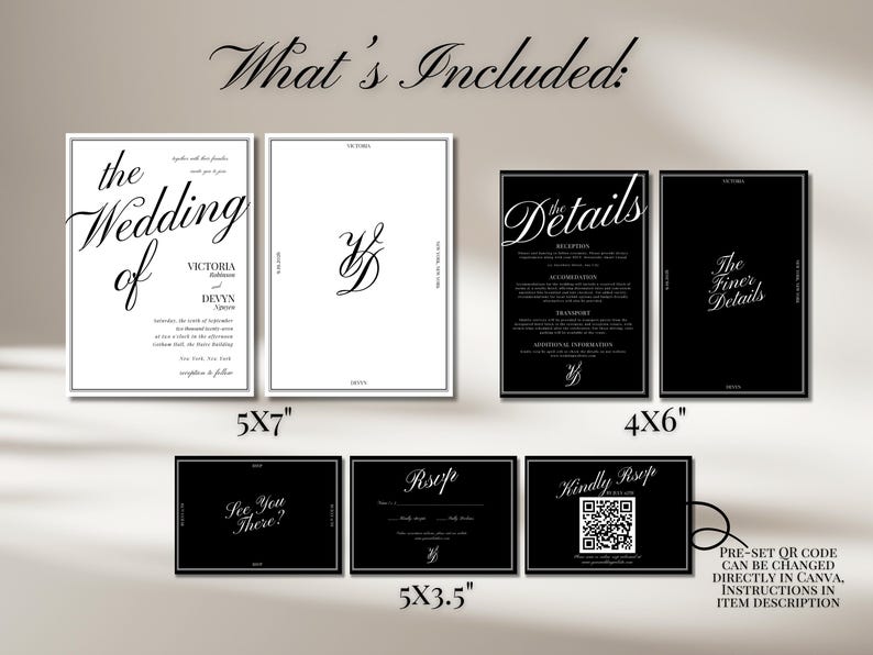 May include: A collection of wedding stationery, including invitation cards, details cards, and RSVP cards. The cards feature a black and white color scheme with elegant typography. The invitation cards are 5x7 inches, and the details cards are 4x6 inches.