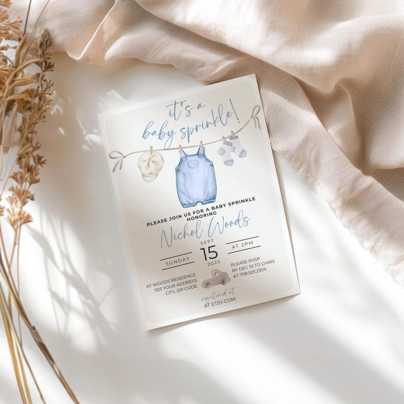 Blue Baby Sprinkle Invitation Template, Editable Baby Sprinkle Invite, Blue Baby Shower, Boho Baby Shower Invitation, BLU1 image 13