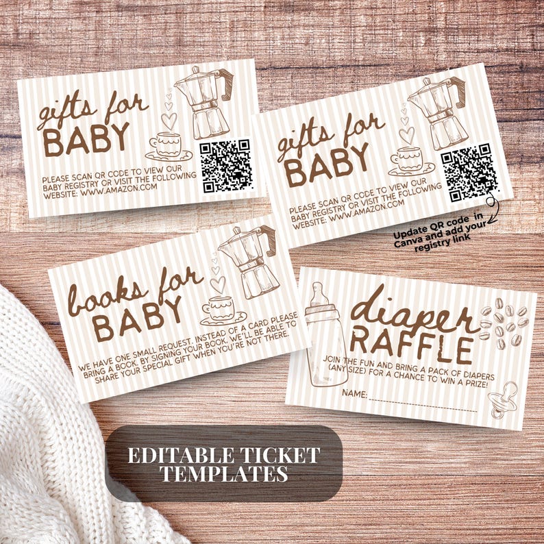 May include: Baby shower ticket templates with a coffee theme. The tickets read "gifts for baby", "books for baby", and "diaper raffle". Each ticket has a QR code and illustrations of a coffee pot, cup, and baby bottle.