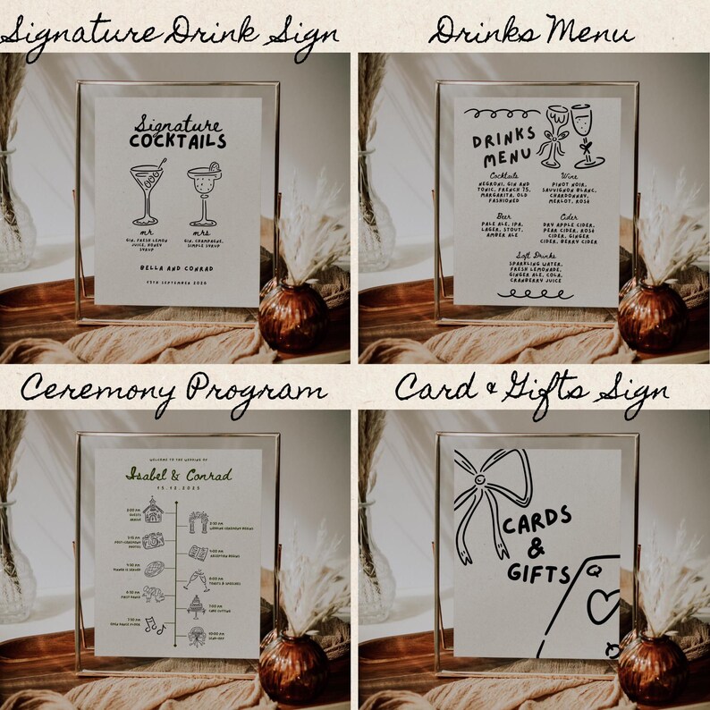 May include: Four framed signs with black handwritten text on white paper. The signs are titled "Signature Drink Sign", "Drinks Menu", "Ceremony Program", and "Card & Gifts Sign". The signs are in gold frames and are sitting on a table with a brown surface.