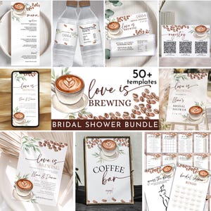 Ensemble de douche nuptiale verdure café, Love is Brewing Bridal Shower Essentials, ensemble de jeux de préparation de café, modèle de toile modifiable, GCF1