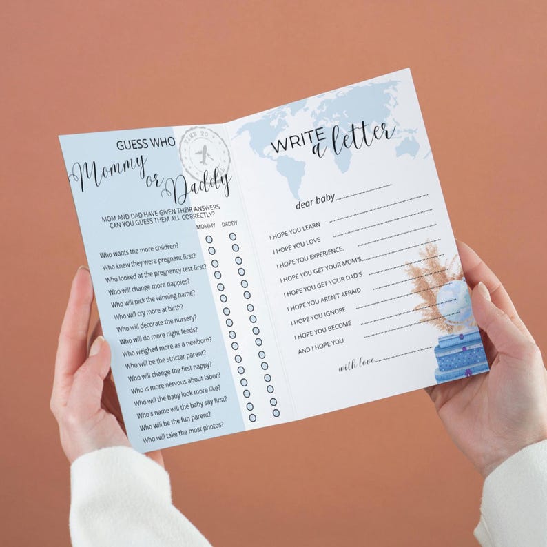 May include: A blue and white baby shower game with a world map design. The game is titled "Guess Who Mommy or Daddy" and includes a list of questions about the parents-to-be. The second page is titled "Write a Letter" and includes a letter to the baby with prompts for the parents to fill in.