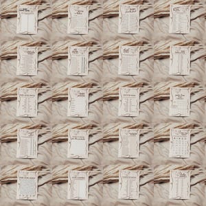 May include: A collection of beige baby shower game cards with various designs and text. The cards are arranged on a textured, neutral-toned surface, with dried plants. The cards feature different games and activities.