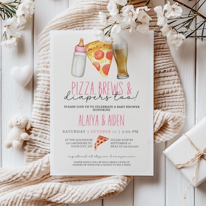 Pizza Baby Shower Invitation Template, Editable Pizza Brews and Diapers Too Baby Shower Invitation, Pink Bottle Pizza Invite, PZZA