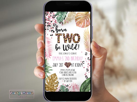 Two Wild Birthday Evite, Leopard Print, Editable Template (Digital)