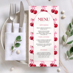 Menu modificabile Cherry on Top per Baby Shower, modello di menu per cena Baby Shower Cherry, menu Cherry, CHRY