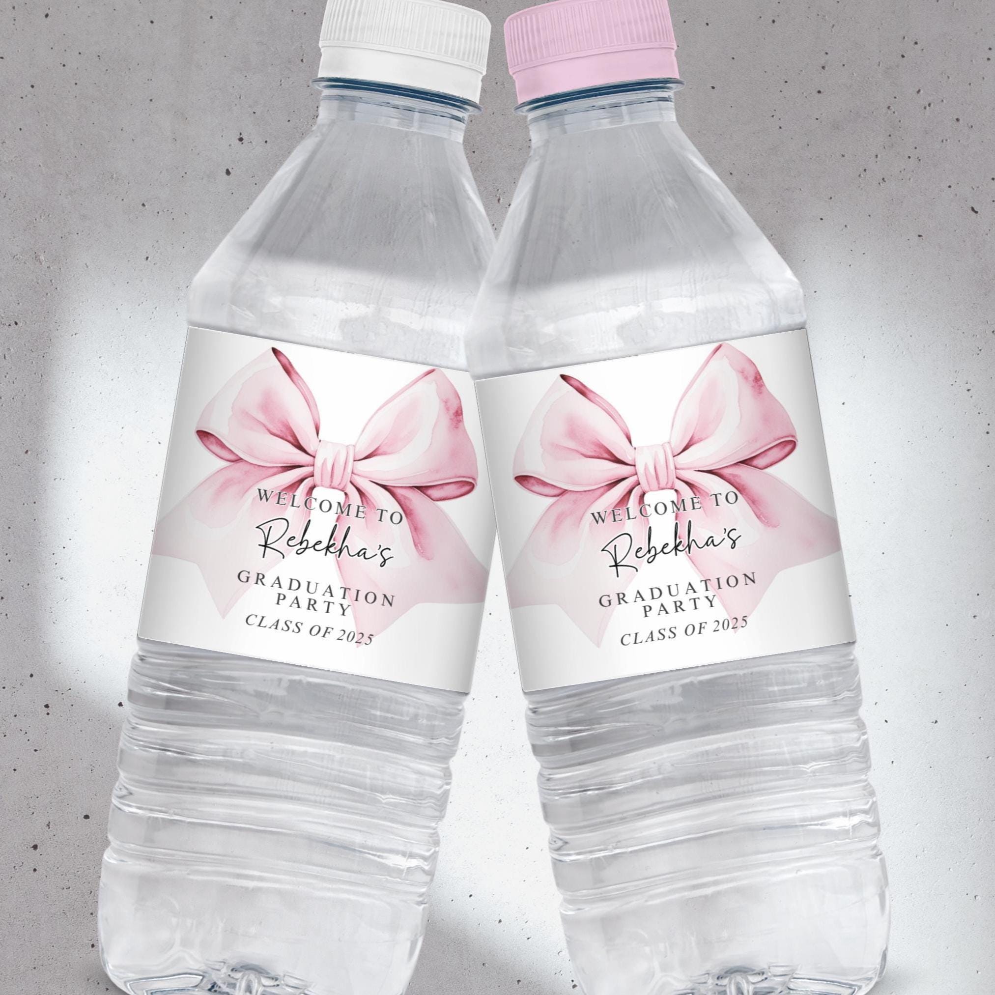 Pink Bow Water Bottle Label Template for Graduation, Editable Pink Coquette Water Labels, Pink Party Favor Water Labels, High School, GPNK