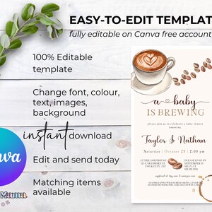Puede incluir: Una plantilla de invitaci&oacute;n para baby shower imprimible con una ilustraci&oacute;n de acuarela de una taza de caf&eacute; con un coraz&oacute;n y el texto "a baby is brewing". La plantilla es totalmente editable en Canva e incluye el texto "Taylor & Nathan" y "S&aacute;bado 25 de octubre, 2:00 pm".