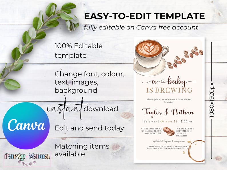 Puede incluir: Una plantilla de invitaci&oacute;n para baby shower imprimible con una ilustraci&oacute;n de acuarela de una taza de caf&eacute; con un coraz&oacute;n y el texto "a baby is brewing". La plantilla es totalmente editable en Canva e incluye el texto "Taylor & Nathan" y "S&aacute;bado 25 de octubre, 2:00 pm".