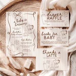 Paquete de invitaciones para baby shower con café, plantilla de bebé en desarrollo dibujada a mano, libros de rifa de pañales con chispas de café para bebé, Canva HDCF