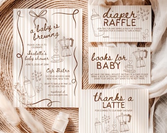 Coffee Baby Shower Invite Bundle, Whimsical Hand Drawn Baby Is Brewing Template, Cafe Baby Sprinkle Diaper Raffle Books for Baby, Canva HDCF