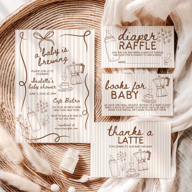 Includes Canva editable templates: invite, thank you, diaper raffle, books for baby and gifts for baby with QR code. Cafe bebe, coffee themed baby, book request card, a baby is brewing, diaper raffle ticket, books for baby card, coffee baby shower, diaper raffle card, baby shower brewing, canva template, editable invitation, hand drawn baby, invite template