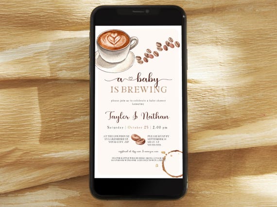 Electronic A Baby is Brewing Coffee Baby Shower Invitation, Bean Text Message Evite Template, COFE