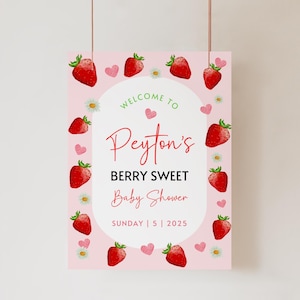 Modello modificabile per cartello di benvenuto alla fragola / Poster per baby shower dolce alle bacche / Cartello per baby shower alla fragola con Canva / Download immediato, BRY2