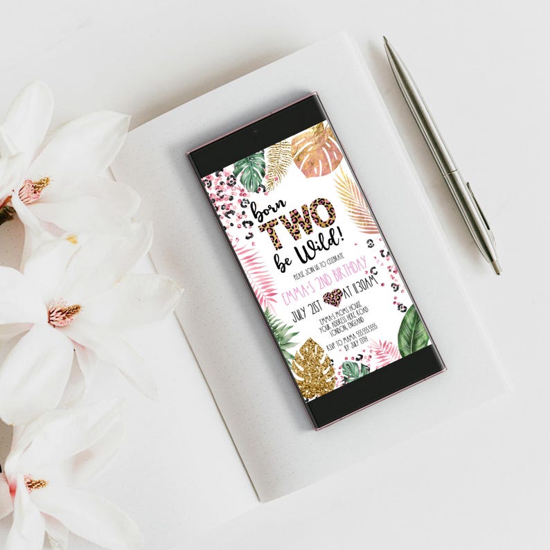 K&ouml;nnte beinhalten: Eine digitale Einladung zu einer 2. Geburtstagsfeier mit Dschungel-Thema. Die Einladung zeigt ein rosa-goldenes Herz mit dem Text "born two be wild!" und einen Hintergrund mit Leopardenmuster.