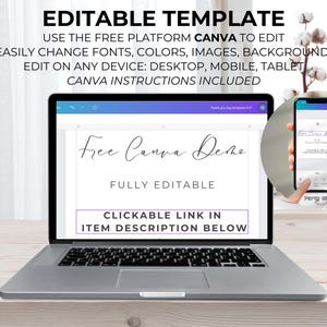 May include: A laptop computer screen displaying a Canva demo with the text "Free Canva Demo" and "Fully Editable". The screen also shows a clickable link in the item description below. A smartphone is shown in the lower right corner of the image, displaying a similar Canva demo.