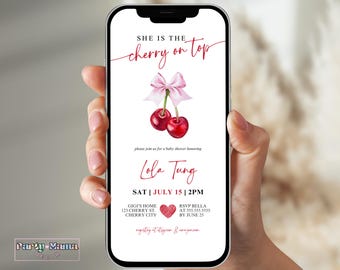 Electronic Cherry on Top Baby Shower Invitation, Editable Digital Baby Shower E-Invite, Cherry Theme Mobile Invite | Instant Download, C143