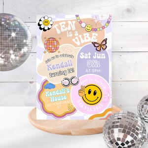 Editable Ten ist eine Vibe-Geburtstags-Einladung, 10. Groovy Retro-Geburtstags-Einladungsvorlage, Emoji-Einladung für Kinder zum 10. Geburtstag