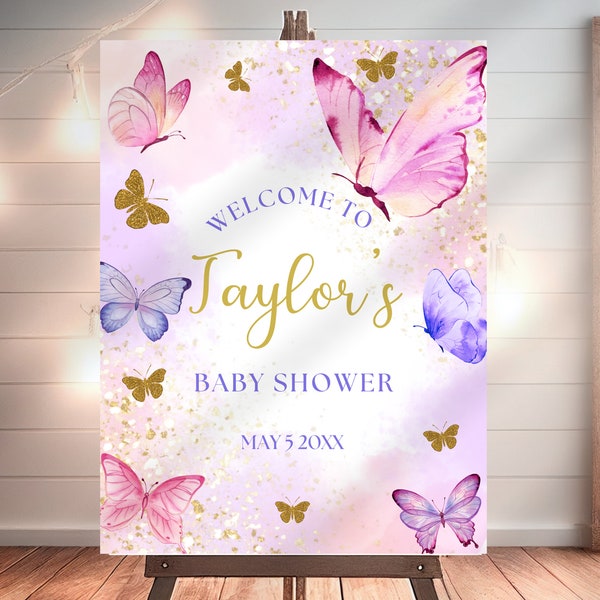 Editable Butterfly Baby Shower Welcome Sign, Butterfly Yard Sign for Party, Pink Purple Gold Butterflies Printable Template, BTF1