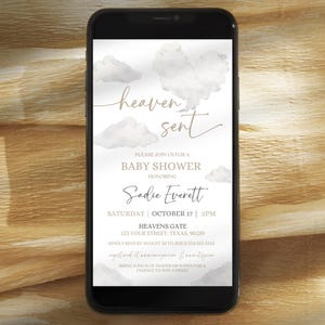 Invito elettronico per baby shower Heaven Sent, modello di invito per baby shower Clouds, invito elettronico per baby shower Sky Text Message