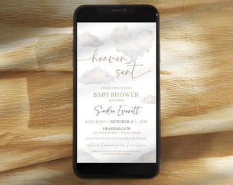 Electronic Heaven Sent Baby Shower Invitation, Clouds Baby Shower Evite Template, Sky Baby Shower Text Message E-Invite