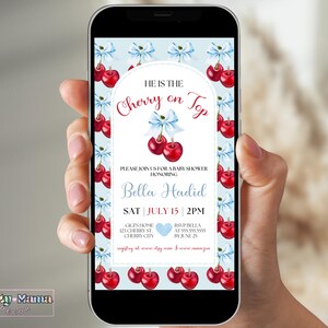 May include: A blue and white baby shower invitation with a cherry theme. The invitation says "He is the Cherry on Top" and includes the name "Bella Hadid". The invitation is decorated with red cherries and blue ribbons.