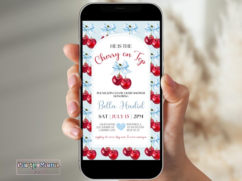 May include: A blue and white baby shower invitation with a cherry theme. The invitation says "He is the Cherry on Top" and includes the name "Bella Hadid". The invitation is decorated with red cherries and blue ribbons.