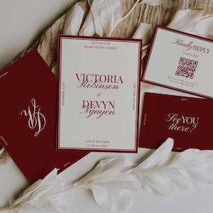 May include: Burgundy wedding invitation suite with a cream-colored background. The main invitation features the names "Victoria Robinson & Devyn Nguyen" and the date. Other cards include "Kindly Reply" and "See you there?"