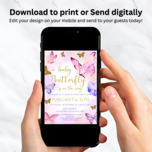 May include: A baby shower invitation with a pink and purple butterfly design. The text reads "A baby Butterfly is on the way" and includes the names "Margaret & Tom".